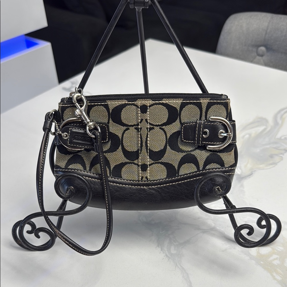Coach Black and Tan wristlet with leather features hangtag Signature Design